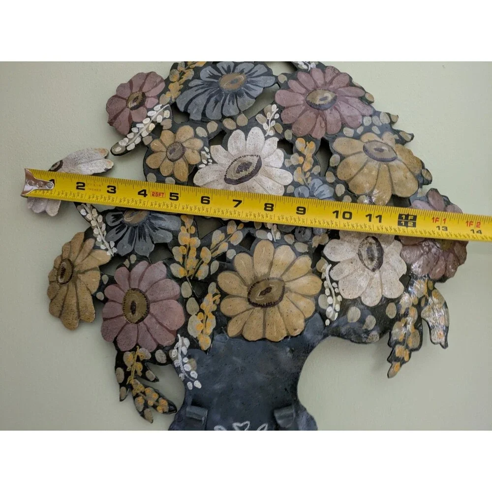 Vintage MCM Metal Enamel Toleware Tole Flower Floral Wall Hanging Cottagecore